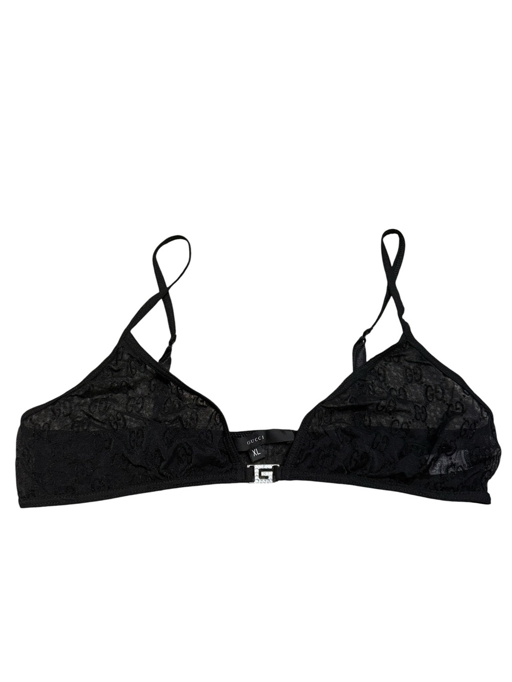Vintage 1998 Tom Ford Gucci GG Monogram Rhinestone Black Sheer Lace Bra XL